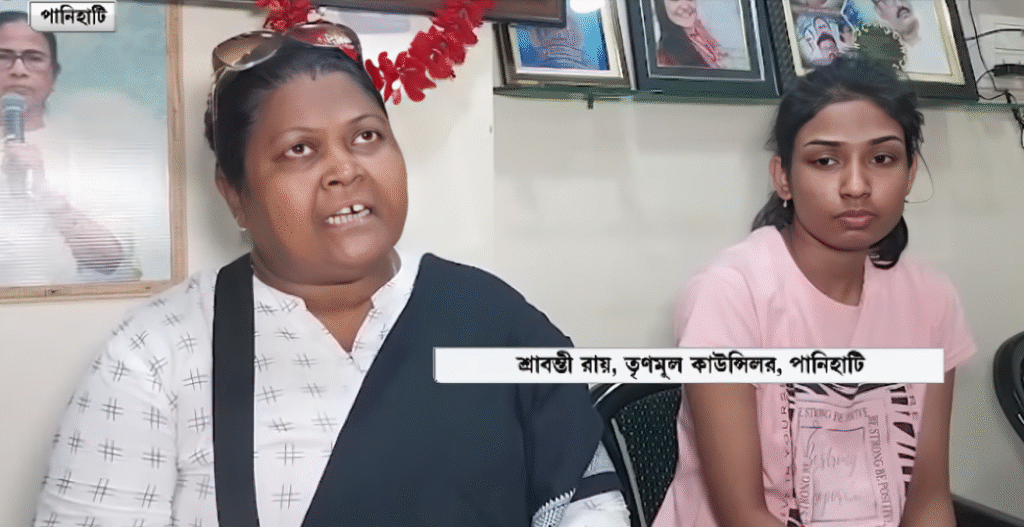 TMC councillor Srabanti Roy and Isha Kar share sweets during a press conference to settle their public street altercation in Sodepur