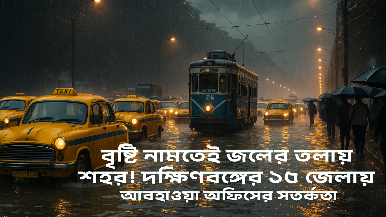 Kolkata Flooded Street During Monsoon: Yellow Taxis and Tram Submerged in Rainwater