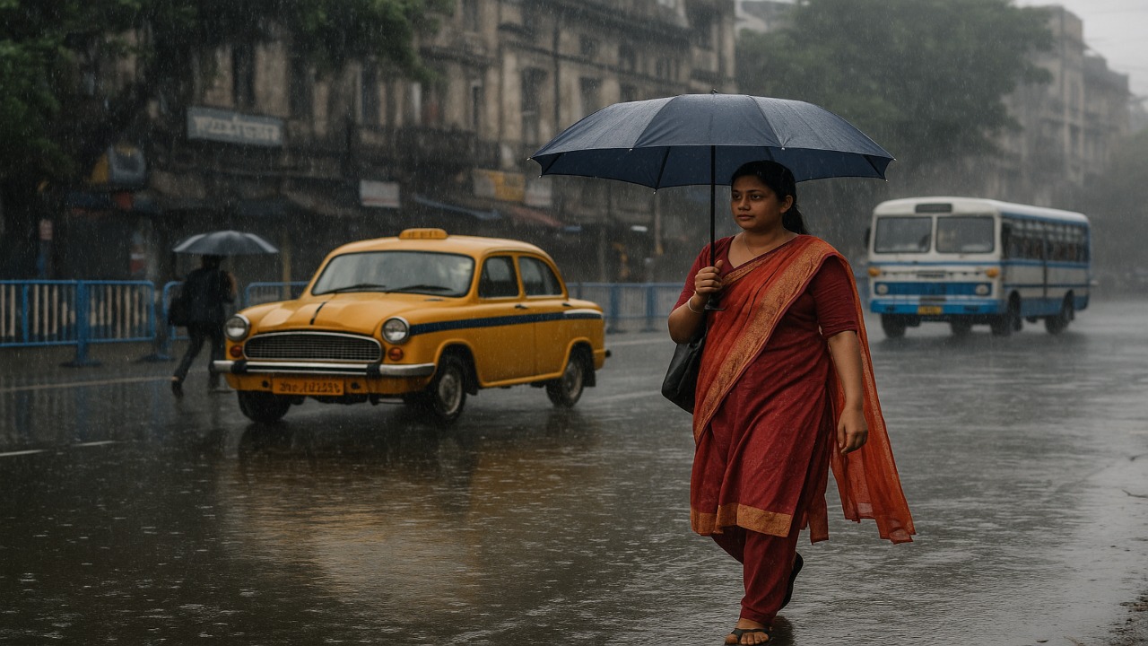 Woman walking with umbrella during light rain in Kolkata as heavy rainfall is forecasted for weekend in South Bengal